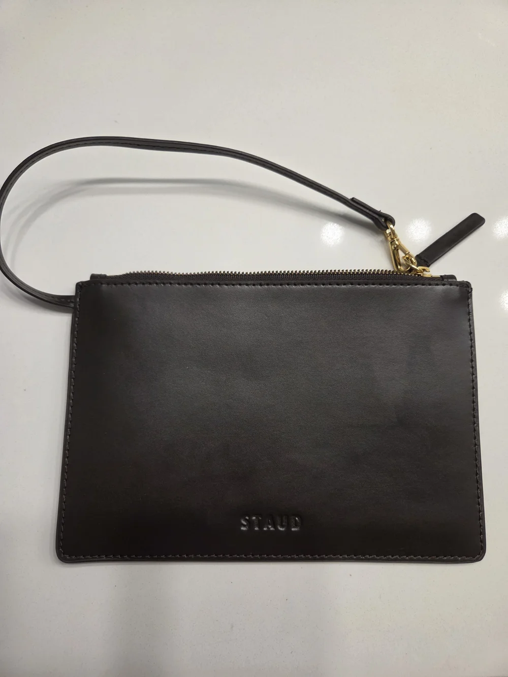 STAUD Brown Leather Wristlet Pouch with Gold Hardware